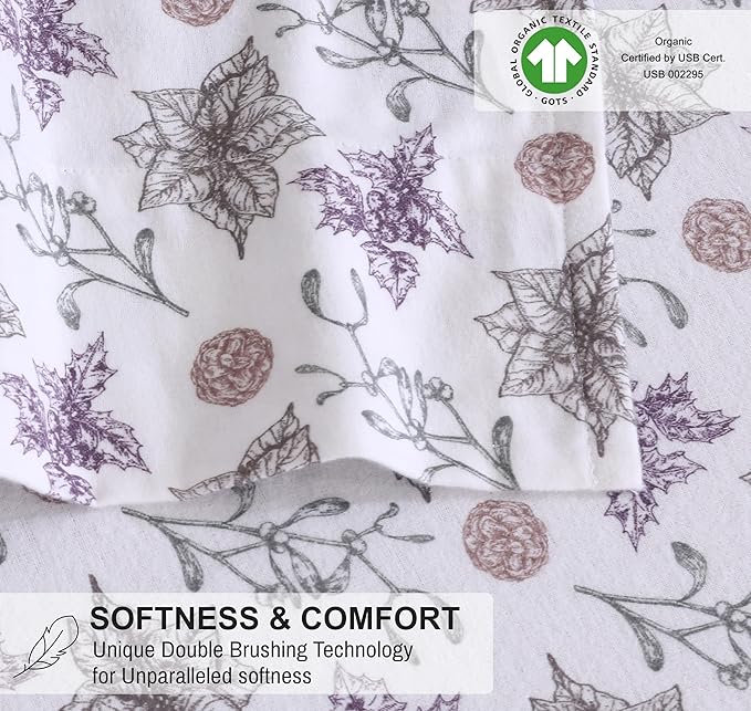 RUVANTI Flannel Sheets Queen Size - GOTS Certified 100% Organic Cotton, 4 Piece Warm, Soft & Breathable Set, Deep Pocket Snug Fit, Double Brushed Cozy All Season Bedding, Fir Affection