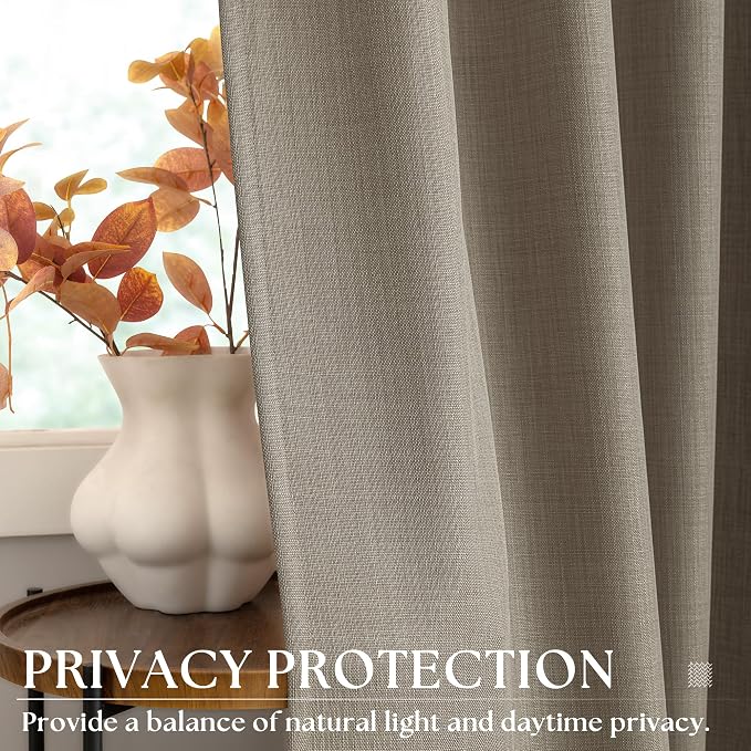 Tan Brown 112 Inch Curtain Neutral Linen Bronze Grommet Semi Sheer Light Filtering Privacy Drape Farmhouse Boho Shabby Chic Window Floor To Ceiling 112 Inch Long Curtains 2 Panels Set for Living Room