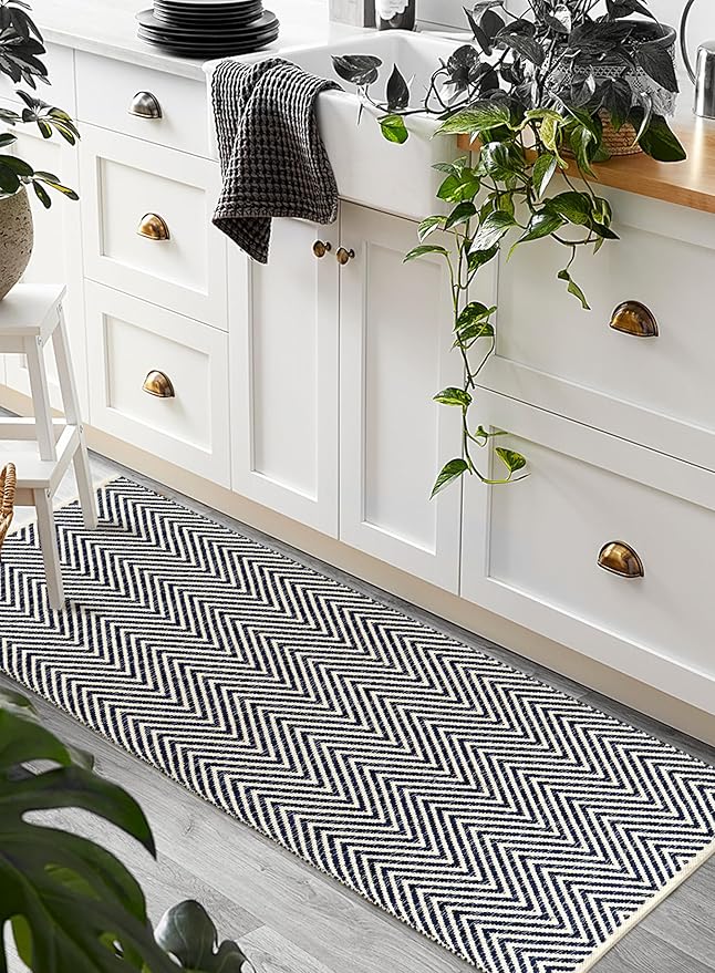 Cotton Chevron Hand Woven Area Runner Rug 2x6 Feet - Navy Blue, Farmhouse Decorative Floor Runners Ideal for Hallways, Kitchen, Bedroom | Nursery Durable Geometric Reversible Living Space Patio Mats
