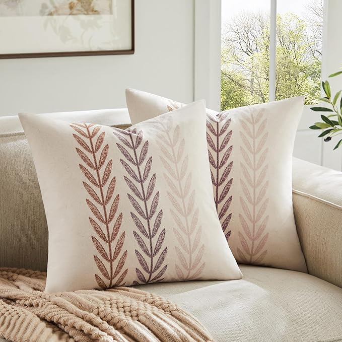 100% Cotton Farmhouse Leaves Throw Pillow Covers Set of 2, 20x20 Inch Mixed Brown Pastoral Decorative Print Cushion Covers for Sofa Bed Living Room Home Decor