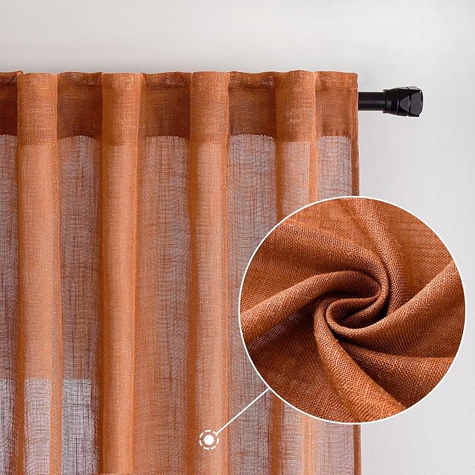 MIULEE Orange Curtains 96 Inch Length 2 Panels for Bedroom Living Room, Soft Thick Linen Textured Window Drapes Semi Sheer Light Filtering Back Tab Rod Pocket Burlap Look Fall Boho Decor