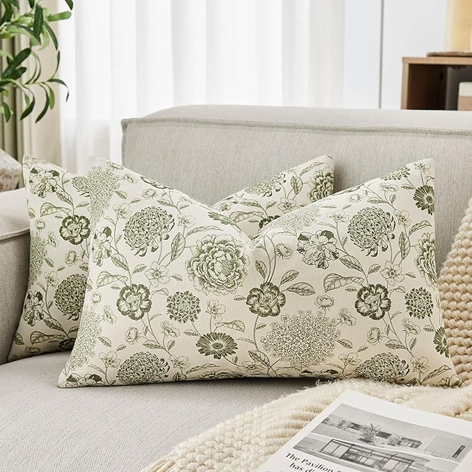 100% Cotton Botanical Lumbar Throw Pillow Covers Set of 2, 12x20 Inch Moss, Farmhouse Double-Sided Floral Print Decorative Cushion Covers Pillow Cases Boho Home Decor