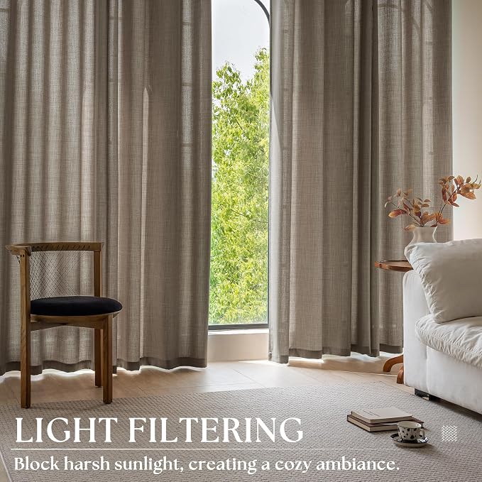 Dark Brown Living Room Curtains 96 Inches Long 2 Panels Set Flax Linen Semi Sheer Light Filtering Bronze Grommet Drapes Farmhouse Bohemian Rustic Chocolate Brown Window Curtains for Bedroom 52x96