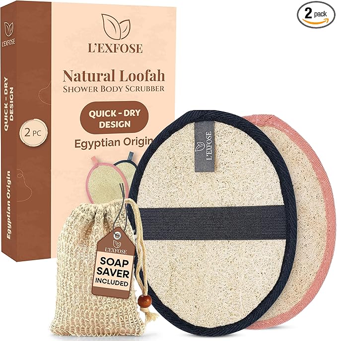 L'Exfose Organic Natural Loofah Body Scrubber for Shower – Dual Sided Egyptian Fiber Plastic Free Loofah – Quick Dry Natural Body Scrubber with Sisal Soap Saver Bag – Minimal Spa Gift for Men Women