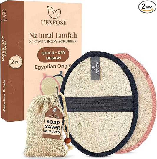 L'Exfose Organic Natural Loofah Body Scrubber for Shower – Dual Sided Egyptian Fiber Plastic Free Loofah – Quick Dry Natural Body Scrubber with Sisal Soap Saver Bag – Minimal Spa Gift for Men Women