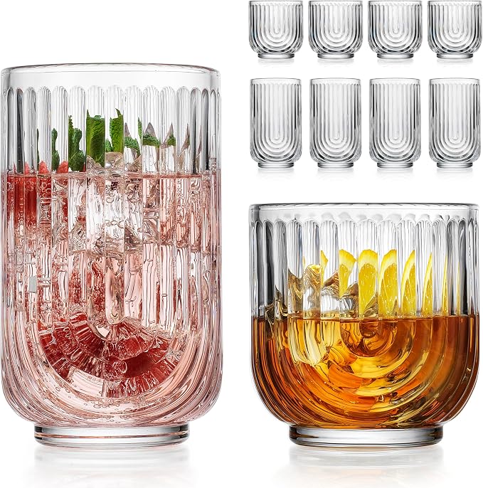 Glaver's 8-Piece Drinking Glass Set, Art Deco Ribbed Arch Glassware, Clear U-Shape Design, 17oz Highball and 11oz DOF Glasses Kitchen Glasses