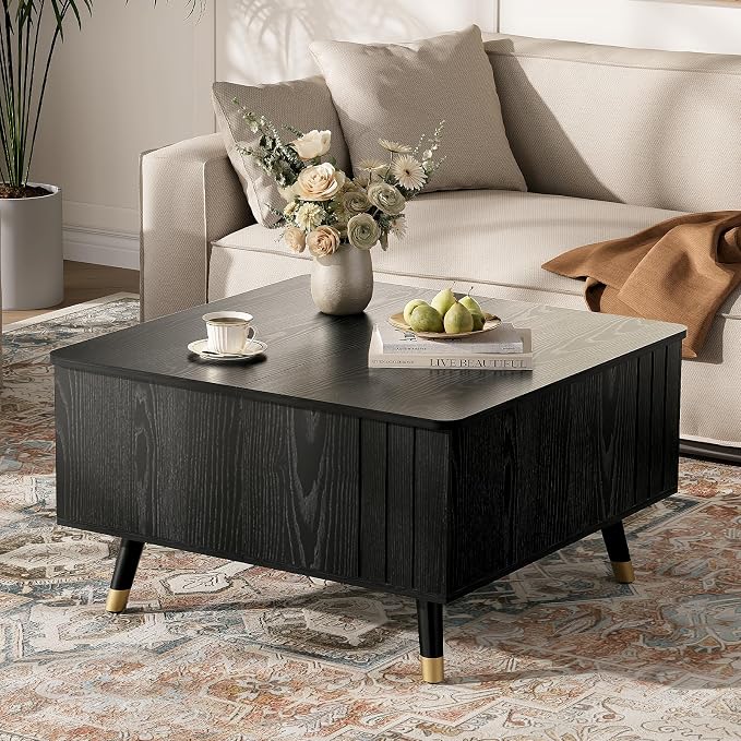 JOINICE 32" Square Lift Top Coffee Table with Storage, Modern Black Center Table for Living Room, Minimalist Wood Cocktail Table with Rising Desktop, Home Office