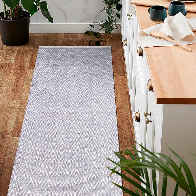 Chenille Cotton Diamond Runner Rug 2x5 Feet - Light Grey, Reversible Washable Soft Floor Runners Ideal for Kitchen, Hallway, Bedroom, Bathroom | Farmhouse Boho Indoor Use Rugs for Patio Décor