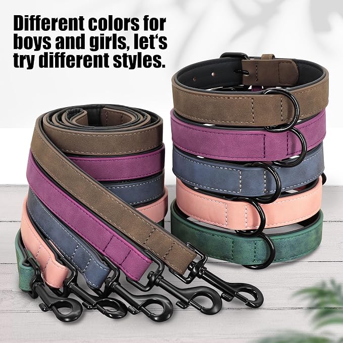 Didog Soft Padded Leather Dog Collar and Leash Set, Adjustable Dog Leash and Collar Set with Metal Buckle, Breathable Dog Collars with 4FT PU Leather Dog Leash for Medium Large Dogs, Blue, L