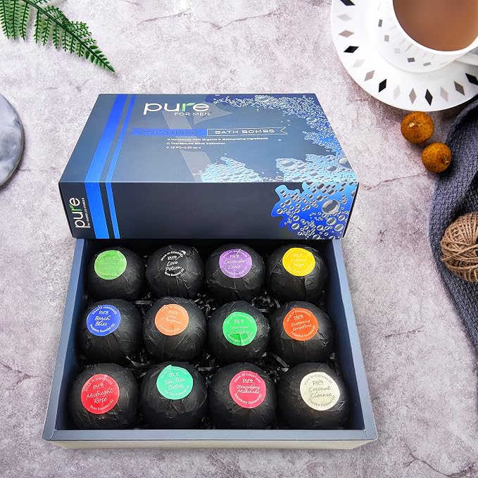 Pure Bath Bomb Gift Set for Men, 12 XL Organic Bath Bombs for Men Relaxing Bath Spa Gift Idea for Dad, Husband, Boyfriend, for Special Occasions, Birthdays, Holidays!