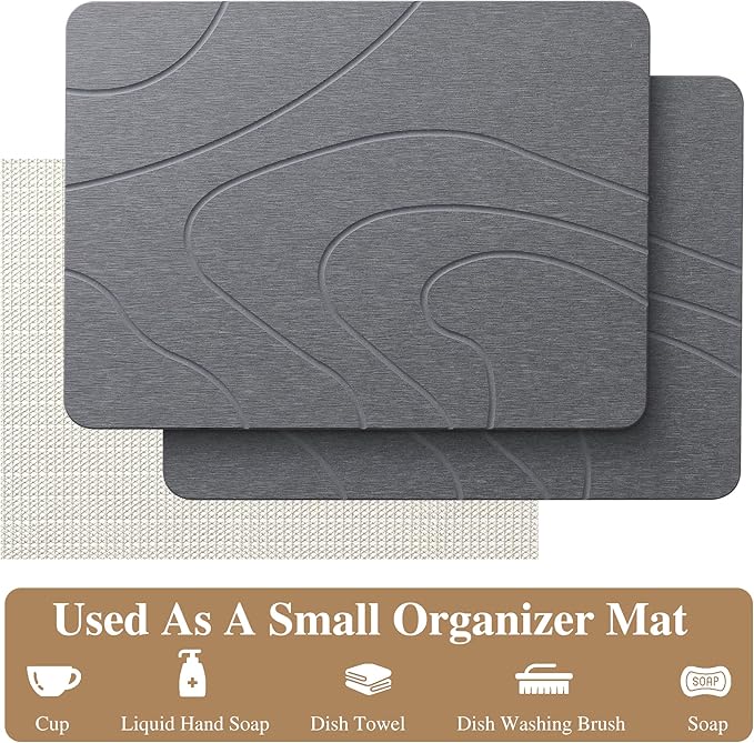 2 Pack Stone Drying Mat for Kitchen Counter,16''x12'' Quick Dish Drying Stone Mat Kitchen,Stone Dish Drying Mat,Quick-Dry Absorbent Bath & Countertop Stone Dishes Mats (Gray, 16''x12'')