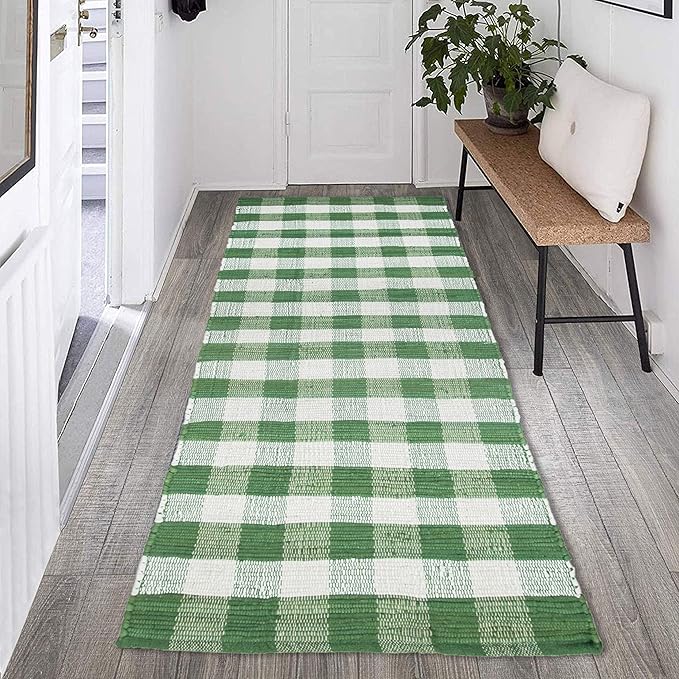 GLAMBURG Cotton Reversible Area Runner Rug 2' x 6' for Bedroom Living Room Kitchen Hallways Front Porch Laundry Room, Handwoven Farmhouse Floor Mat, Washable Checkered Plaid Runner Rug Green White