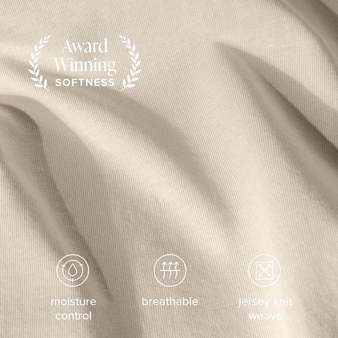 Bare Home 100% Organic Cotton Jersey Sheet Set, Ultra Soft, 100% Cotton - Sheet Set & Pillowcases - Deep Pocket Bed Sheets (Split King, Sand)