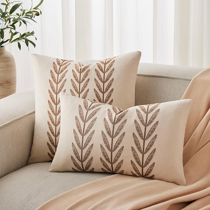 100% Cotton Farmhouse Leaves Throw Pillow Covers Set of 2, 18x18 Inch Caramel Pastoral Decorative Print Cushion Covers for Sofa Bed Living Room Home Decor