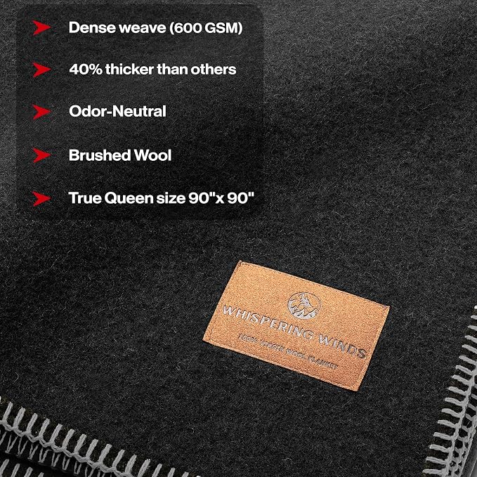 Whispering Winds 100% Wool Blanket, Premium Queen Size (90"x90") | Soft, Warm, Thick, Comfortable, For Bed, Couch, Home, Car, Camping, Outdoors, Survival