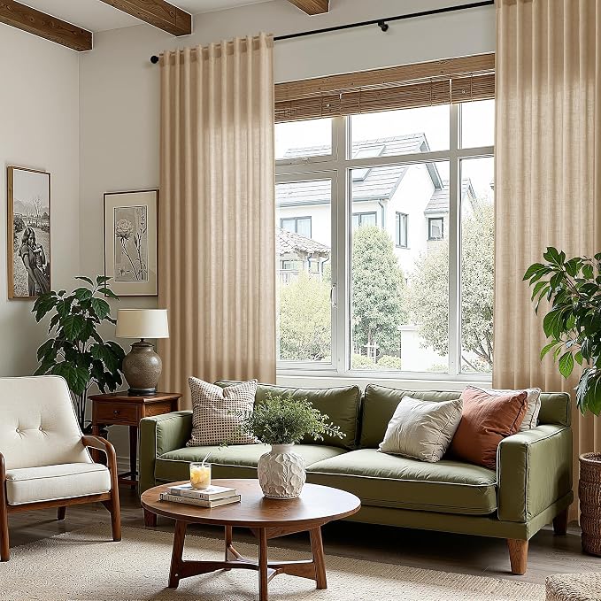 Nanspring Sand Beige Curtains 72 Inch Length for Living Room Burlap Linen Textured Light Filtering Semi Sheer Curtains Back Tab Privacy Luxury Simple Modern Curtain for Bedroom 52x72, 2 Panels