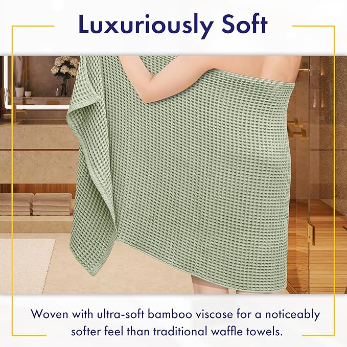 Alusa Home Ultra Soft Viscose from Bamboo Waffle Towels - Lightweight Bath Towel Set of 6 - Compact, Quick Dry & Lint Free (Eucalyptus Green)