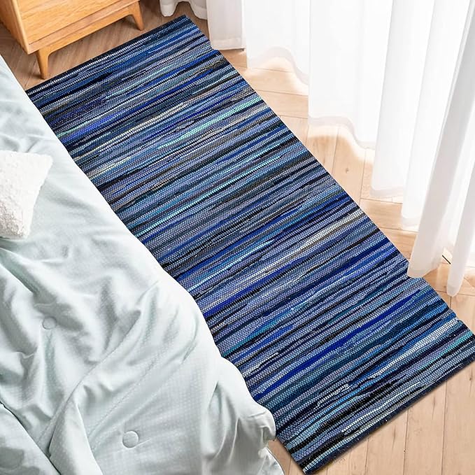 Cotton Hand Woven Chindi Runner Rug 2x6 Feet - Navy, Farmhouse Natural Recycled Rag Floor Rugs Ideal for Hallway, Kitchen, Nursery, Laundry Room | Blue Sturdy Reversible Patio Mat for Living Space