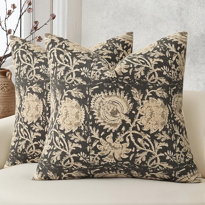 Vintage Floral Print Throw Pillow Covers 22x22 Set of 2 Neutral Modern Farmhouse Accent Decorative Cushion Covers Boho Home Decor for Couch Sofa Chair Bed Living Room, Black