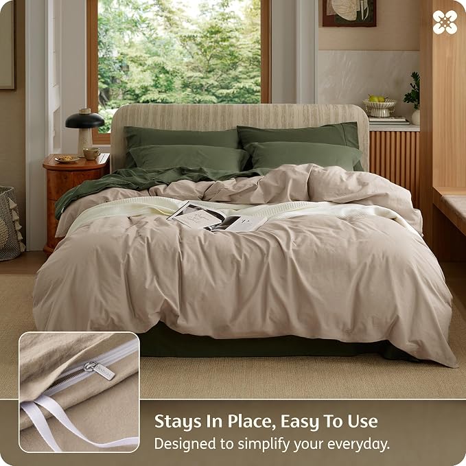 Bedsure Duvet Cover Queen Size - 100% Washed Cotton, Linen-Like Minimalist Bedding - PureWoven Plain Soft Comforter Cover for All Seasons, 1 Duvet Cover Only (Frosted Almond, 90" x 90")