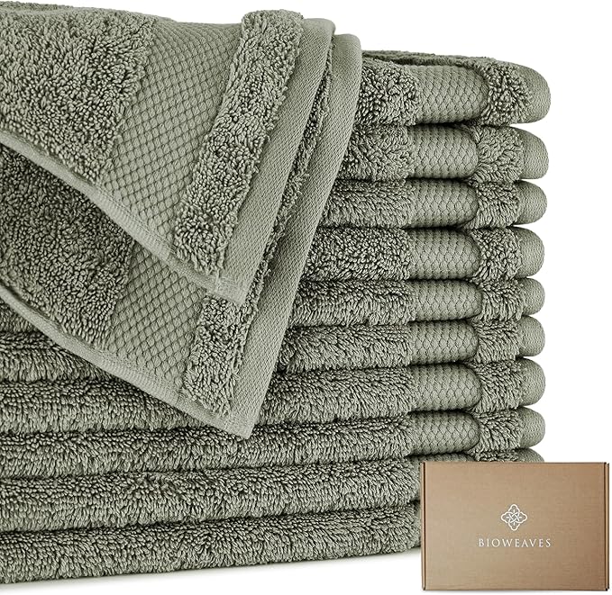 BIOWEAVES 100% Organic Cotton 700 GSM Plush Premium Washcloths 13" x 13" GOTS Certified, Face Towels Perfect for Home & Bathroom - Sage, Pack of 12