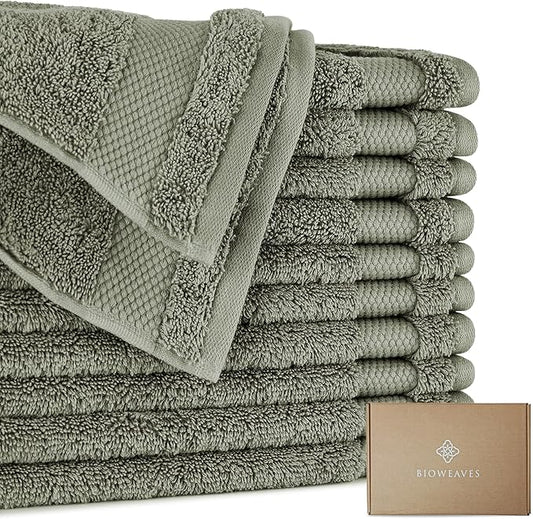 BIOWEAVES 100% Organic Cotton 700 GSM Plush Premium Washcloths 13" x 13" GOTS Certified, Face Towels Perfect for Home & Bathroom - Sage, Pack of 12