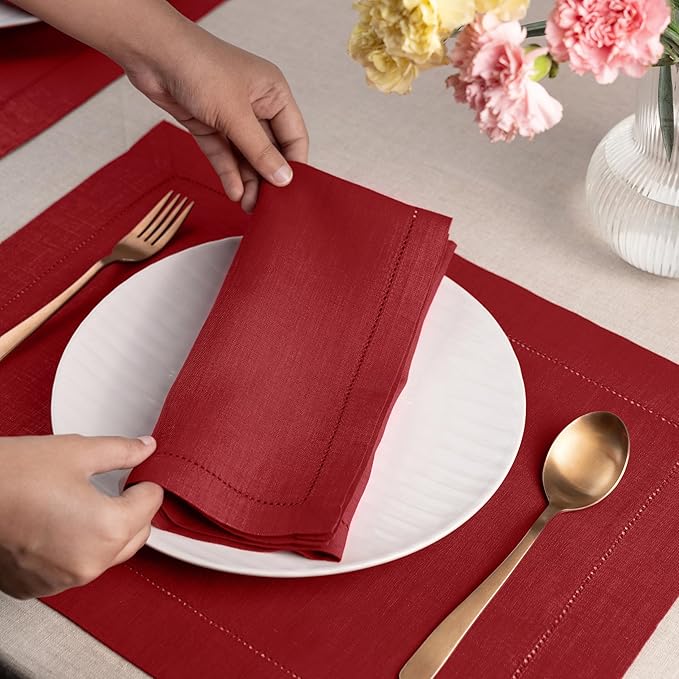 Signature Linen™ by D'Moksha Red Dinner Napkins Set of 8, 20 x 20 Inch Cloth Napkins, 100% Pure Linen, Hemstitch, Machine Washable Table Napkins- Summer, Father's & Independence Day