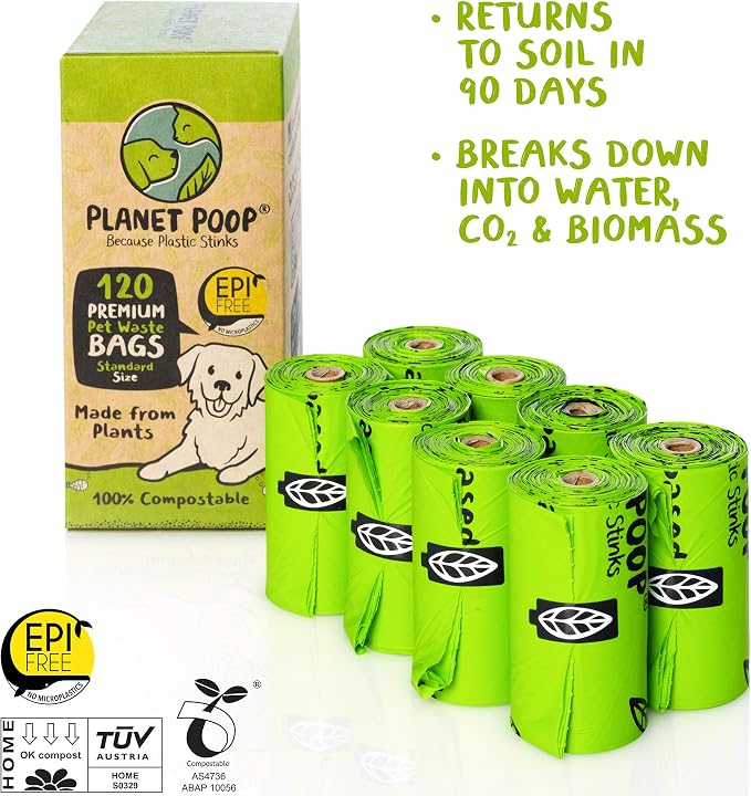 PLANET POOP Home Compostable Dog Poop Bags on Refill Rolls, 120 Un-Scented Pet Waste Bags, Thick Leakproof Plant-Based Doggy Bag, Cat & Dogs Supplies