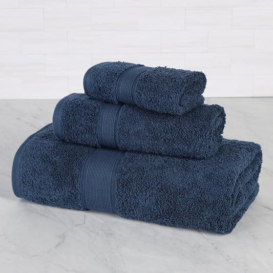 Superior 100% Organic Cotton 3-Piece Towel Set, Includes 1 Bath Towel, 1 Hand Towel, 1 Face Towel/Washcloth, Daily Use, Bathroom, Guest Bath, Absorbent, Home Essentials, Oregon Collection, Navy Blue