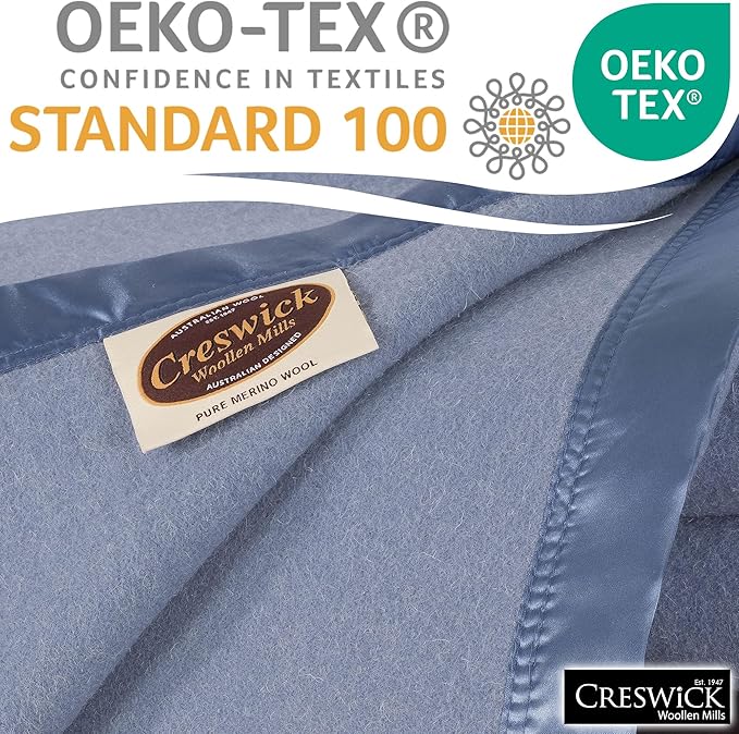 Creswick Woollen Mills 100% Australian Merino Wool Blanket – Soft Warm and Natural with Satin Binding, Breathable Luxury Bedding for All Seasons, (French Blue, King Size)