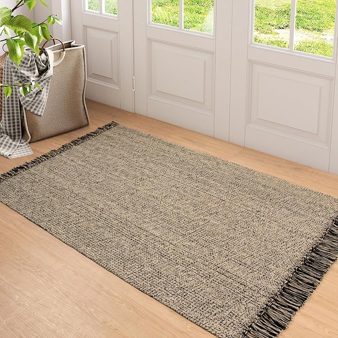Collive Washable Area Rug 3x5, Modern Kitchen Rugs for Entryway, Natural/Black Braided 45% Cotton, 45% Polyester, 10% Viscose Small Indoor Outdoor Mat Throw Carpet for Laundry Nursery Bedroom