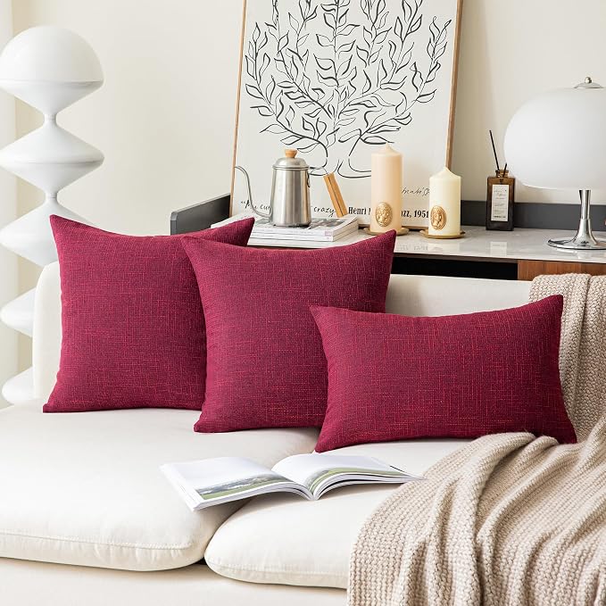 Kevin Textile Faux Linen Throw Cushion Covers Shams Textural Christmas Pillowcase with Hidden Zipper, 26"x26"(2 Pack, Burgundy)