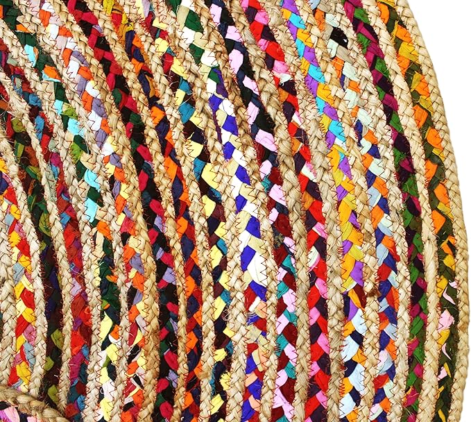 COTTON CRAFT Jute Cotton Chindi Braid Rag Rug - Boho Farmhouse Rustic - Handwoven Reversible Natural Jute and Recycled Cotton Throw Area Rug Carpet - Home Décor - 5 Feet Round - Multi Color