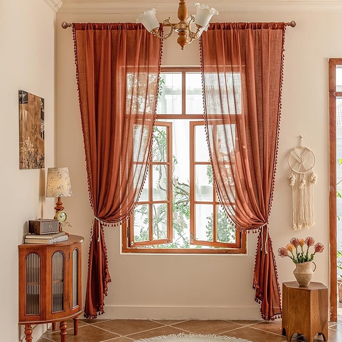 MYSKY HOME Boho Terracotta Tassel Curtains 84 Inches Long for Bedroom Living Room, Semi Sheer Light Filtering Bohemian Burnt Orange Curtains & Drapes for Sliding Door Privacy Farmhouse, 2 Panels