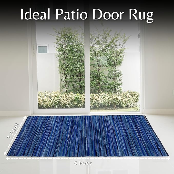 Ramanta Home 100% Cotton Hand Woven Tonal Chindi Rag Rug 3'x5' - Navy, Recycled Reversible Rugs, Boho Rustic Farmhouse Rugs for Living Room, Dinning Room, Kitchen Floor Mats - 36"x60"
