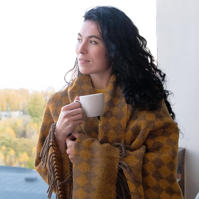LYHome Wool Blanket 100% - Warm and Cozy Throw for Home Travel Outdoor Camping Picnic & Cold Weather, Decorative Blankets Couch Bed, Warmest Throws (55 x 79 in | Mustard - Brown Scandinavian Rhombus)