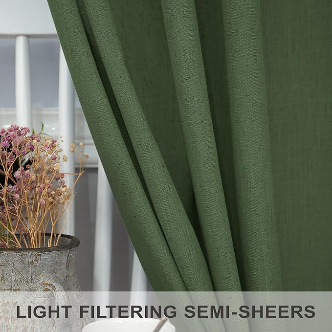 Pitalk Olive Green Curtains 90 Inch Length for Dining Room 2 Panel Set Back Tab Pocket Linen Sheer Boho Farmhouse Decoration Light Green Curtain for Boys Bedroom Baby Teen Toddler Playroom 7.5 FT Long
