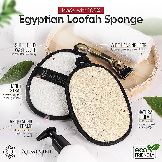 Almooni Natural Exfoliating Loofah for Men, Lightly Abrasive Egyptian Loofah Body Scrubber for Men, Dual-Sided with Cotton Back, Hand Strap, Black, 2-Count