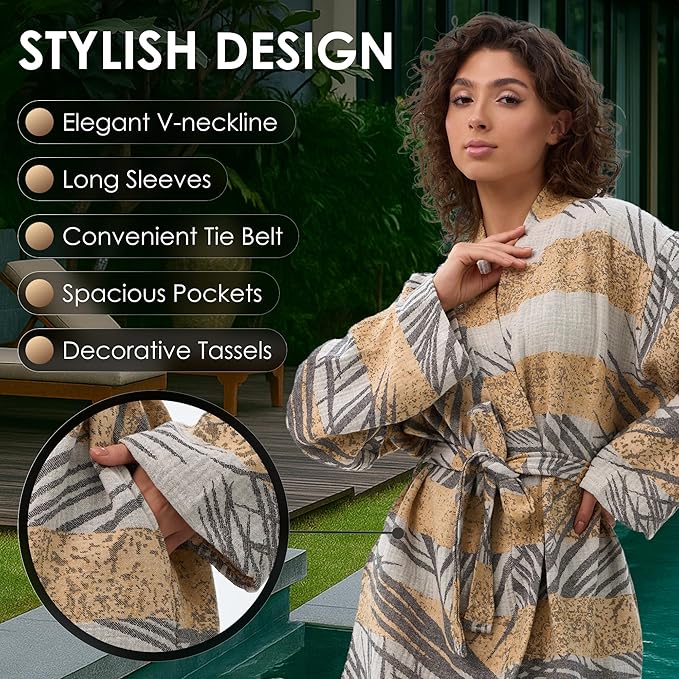 ATANI 100% Turkish Cotton Bathrobe S-XXL for Women & Men – Peshtemal Style Soft Cozy Lounge Robe, Absorbent & Lightweight