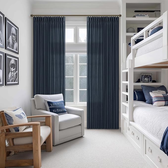 Pinch Pleated Navy Blue Linen Curtains 102 Inches Long 2 Panels Set for Living Room Boys Men Bedroom Dining Room Pinch Pleat Back Tab Light Filtering Dark Blue Window Curtain Drapes W50xL102