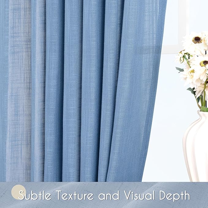 Denim Blue Curtains for Living Room Back Tab Modern Farmhouse Semi Sheer Blue Curtains 108 inches Long 2 Panels Set Muted Neutral Window Curtain for Dining Room Bedroom 52x108