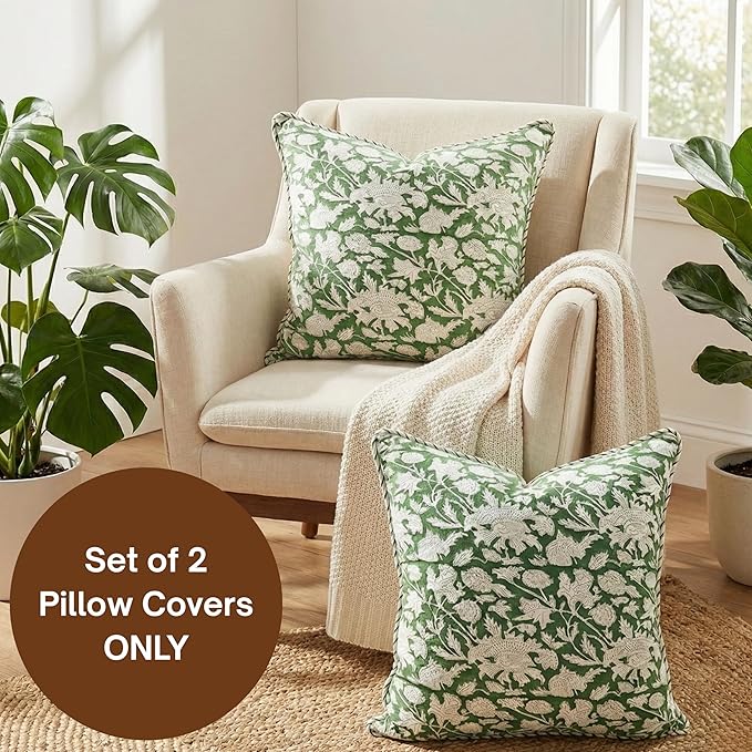 ATOSII Block Print Throw Pillow Covers, 18 X 18 - Set of 2, Decorative Couch Pillows for Living Room Bed Sofa, 100% Cotton Canvas Pillow Case for Home Decor & Outdoors, Preppy Throws - Meraki Green