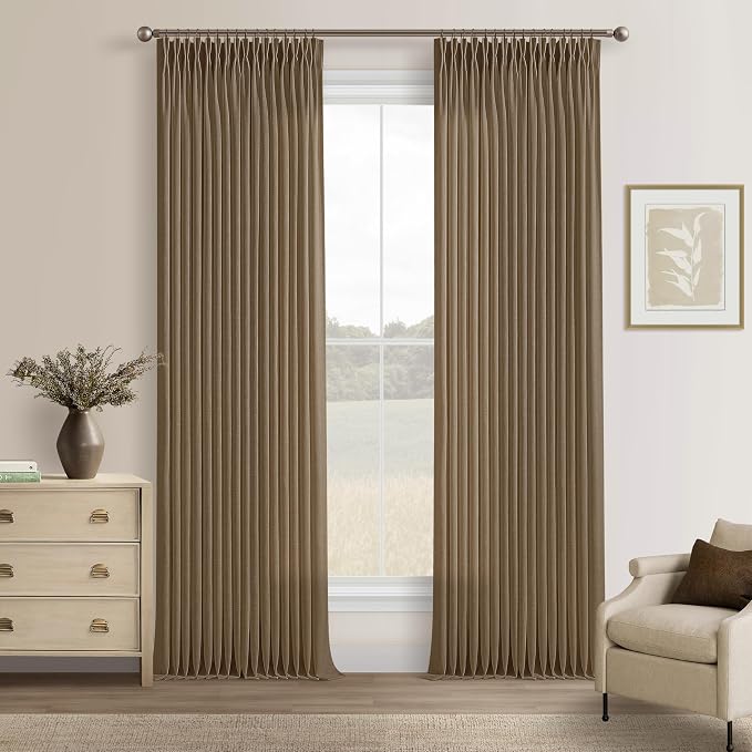 Pinch Pleated Brown Thick Linen Curtains 86 Inches Long for Living Room Bedroom Dutch Cocoa Boho Light Filtering Back Tab Pleat Curtain 86 Inch Length 2 Panels Semi Sheer Memory Trained Drapes 50x86