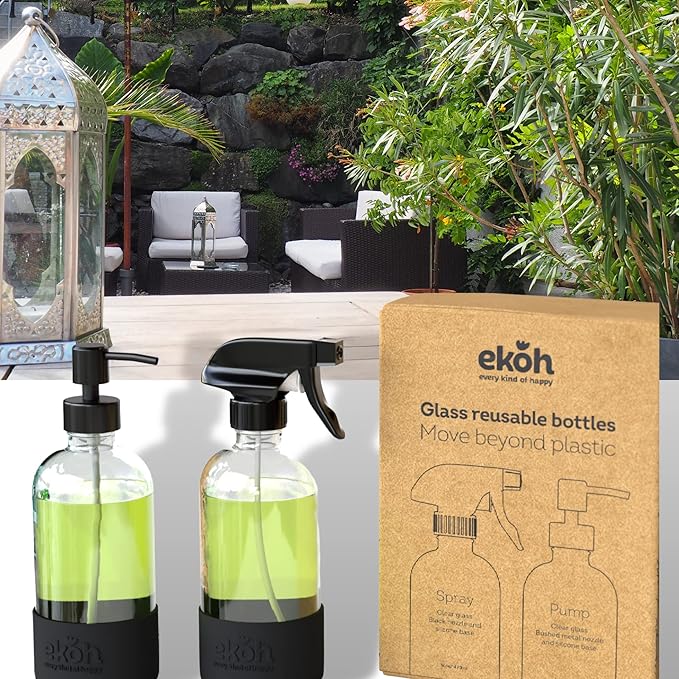 EKOH 2 Pack Glass Countertop Soap Dispensers - Refillable & Reusable with Silicone Protective Base and Preprinted Labels - for Kitchen and Bathroom (Clear)