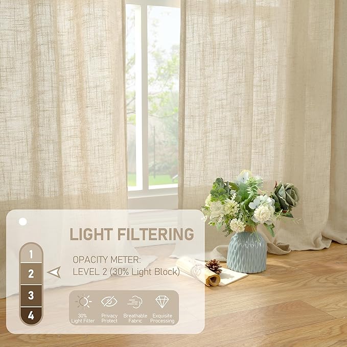 LAMIT Small Cafe Linen Curtains 36 Inches Long, Semi Sheer Light Filtering Panels Back Tab and Rod Pocket Small Cafe Drapes for Basement/Window/Loft Room, Linen, 2 Panels, 34 x 36 Inch