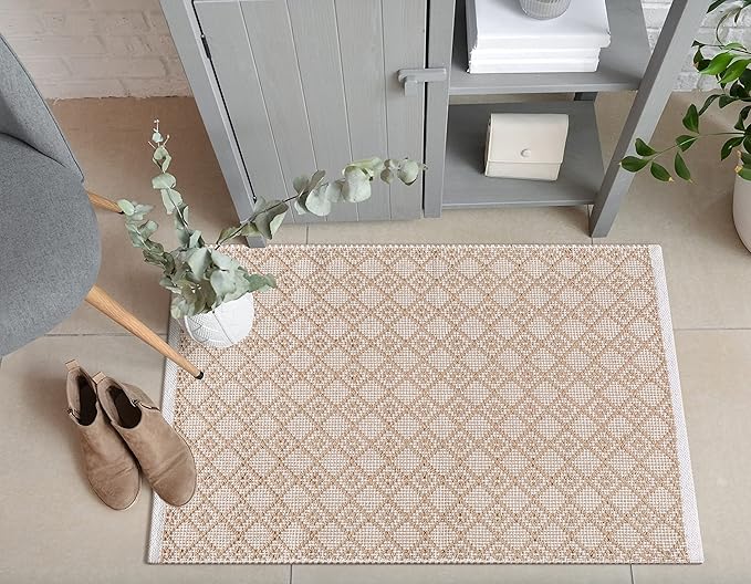 Cotton Diamond Woven Area Rug 2x3 Feet - Beige, Anti Slip Decorative Durable Boho Front Door Throw Mats Ideal for Entryway, Kitchen, Office | Teal Farmhouse Indoor Daily Use Patio Rugs for Bedroom