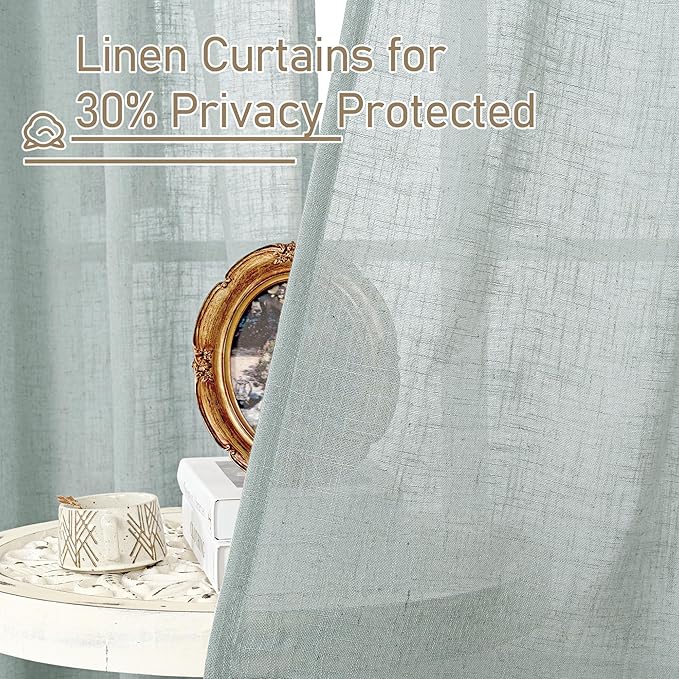 LAMIT Greyish Blue Linen Curtains 63 Inches Long, Semi Sheer Light Filtering Panels Back Tab and Rod Pocket Small Cafe Drapes for Basement/Window/Loft Room, 2 Panels, 34 x 63 Inch