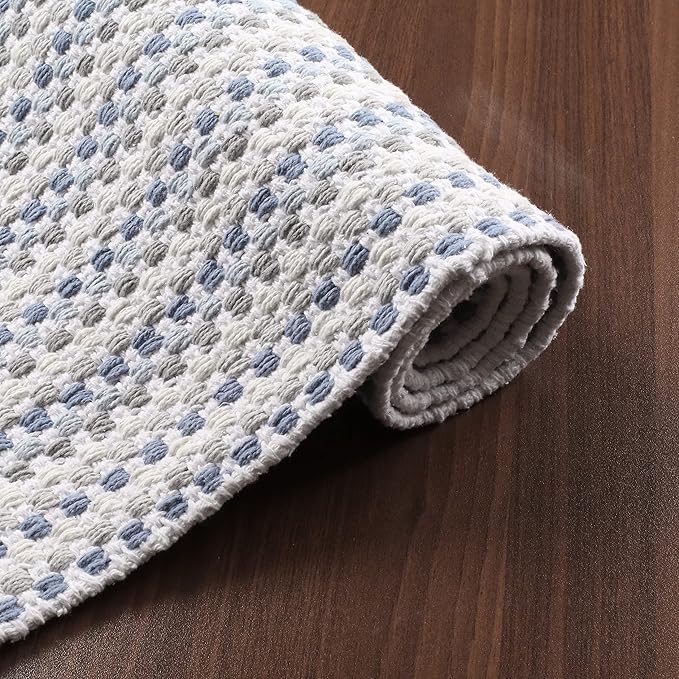 Cotton Chalk Stripe Woven Area Rug 2x3 Feet - Blue, Farmhouse Soft & Durable Decorative Washable Floor Rugs Ideal for Entryway, Bedroom, Kitchen | Geomatric Pattern Nersery Space Reversible Door Mats
