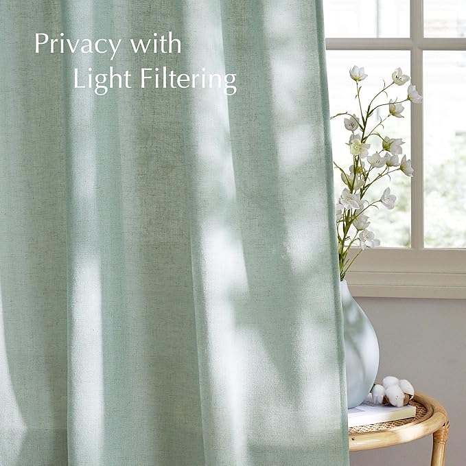 NICETOWN Semi Sheer Sage Green Curtains 84 inch Length, Rod Pocket & Back Tab Light Filtering Semi Sheer Window Treatments Privacy Added Drapes for Living Room, W55 x L84, 2 Panels