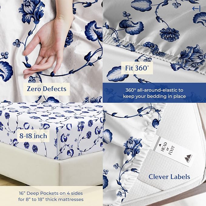 Mayfair Linen 100% Organic Cotton Printed Sheets Twin Size - Percale Weave Cotton Twin Size Sheet Set (4 PC, Floral Blue), Soft & Crisp, GOTS Certified, Cooling Sheets, 16" Deep Pocket